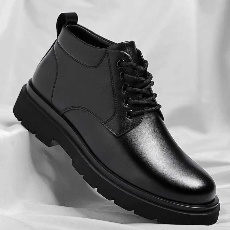 Mens Black Leather Lace Up Mid Top Boots Winter Warm Formal Business Office Wedding Shoes Black Work Boots Fashionable Dad Shoes