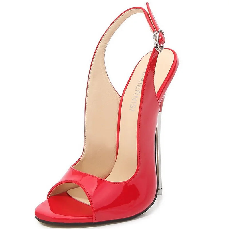 Women Patent Leather Metal High Heel Sandals Sexy Buckle Strap High Heels for Nightclub Evening Party Banquet Gathering Zapatos