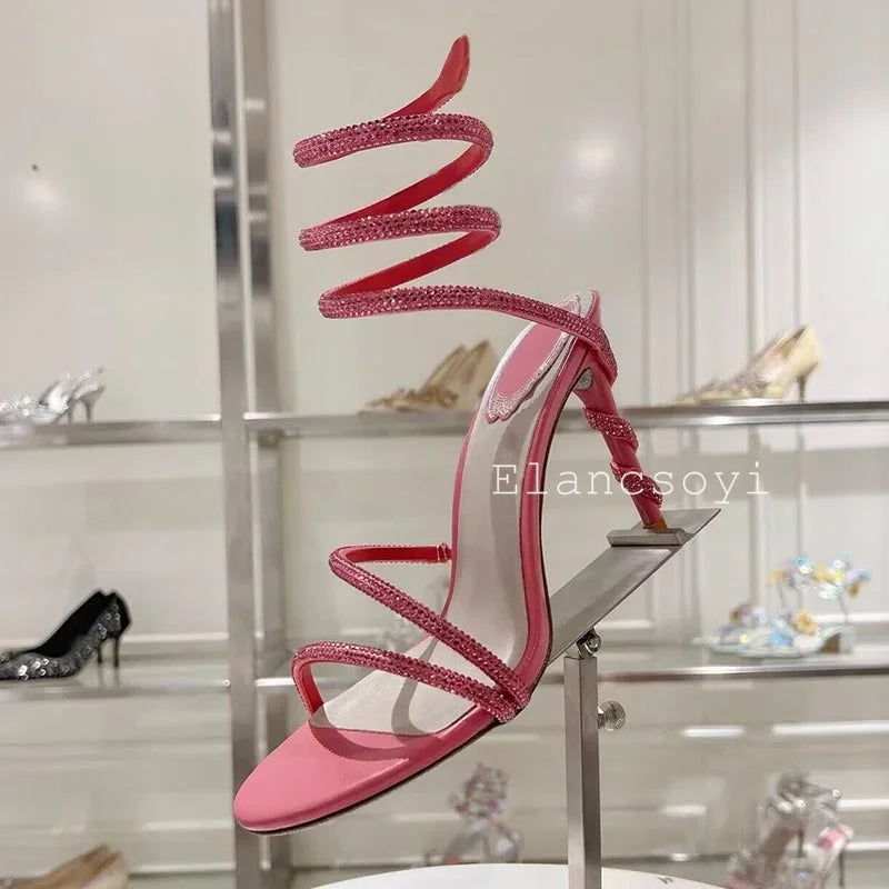 Thin Heels Gladiator Sandals Women's Shiny Rhinestone Ankle Snake Shaped Winding Party Shoes Summer Fashion High Heels Sandalias