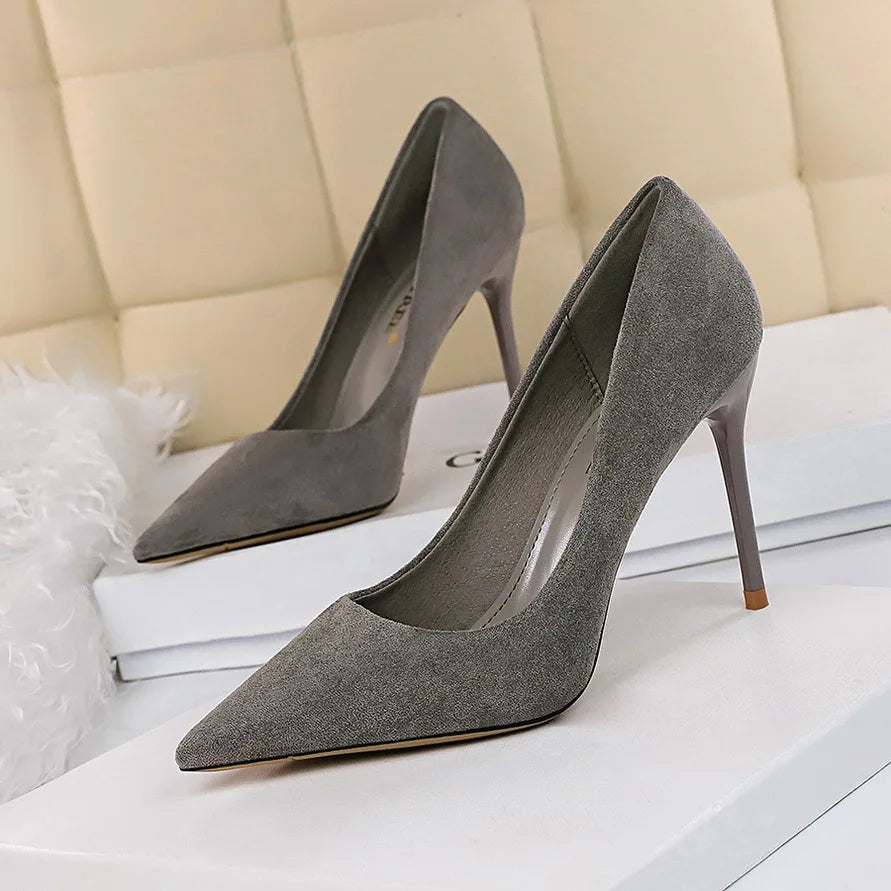 Women 9cm High Heels Pumps Stripper Flock Suede Plus Size Escarpins Lady Wedding Bridal Heels Escarpins Green Blue Yellow Shoes