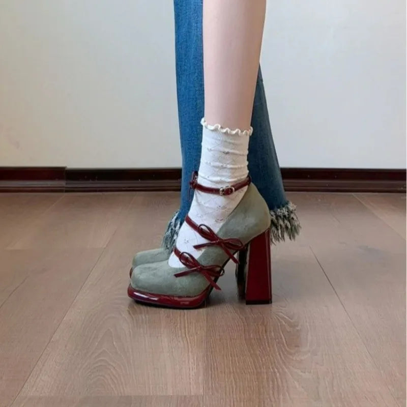 Platform Green Bow Mary Jane Single Shoes Spring Summer 2026 New Strap Heels Women