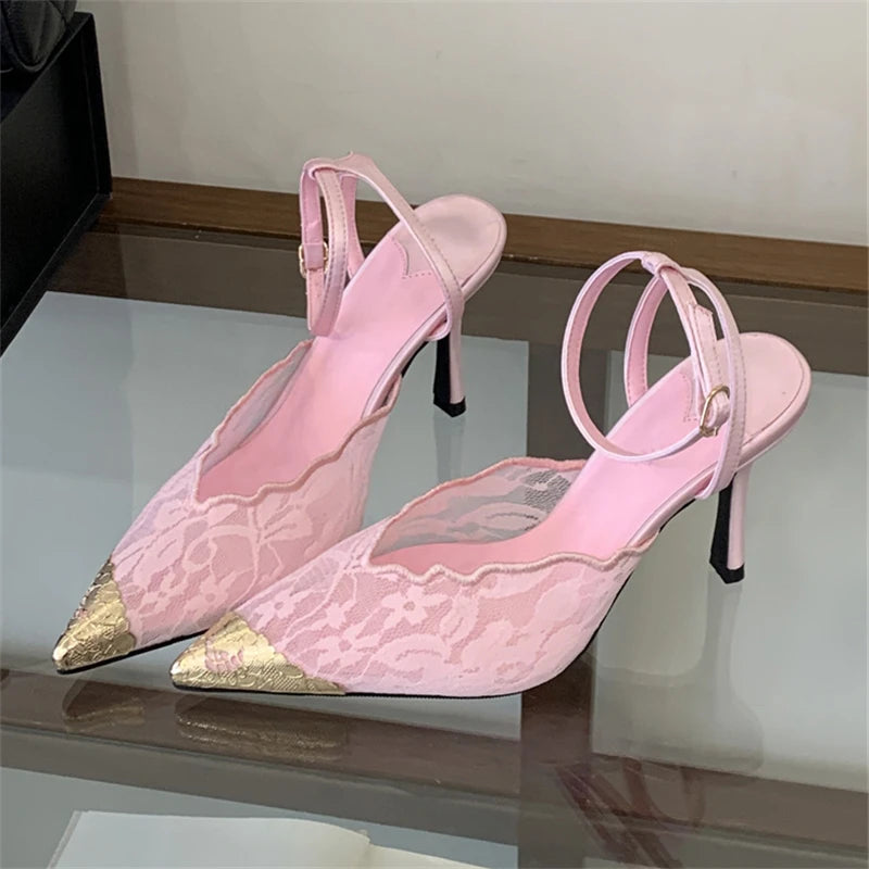 Aneikeh Fashion Retro Lace Designer Pointed Toe Thin Heels Slingbacks Pumps Women Wedding Banquet Dress Mules Ladies Shoes