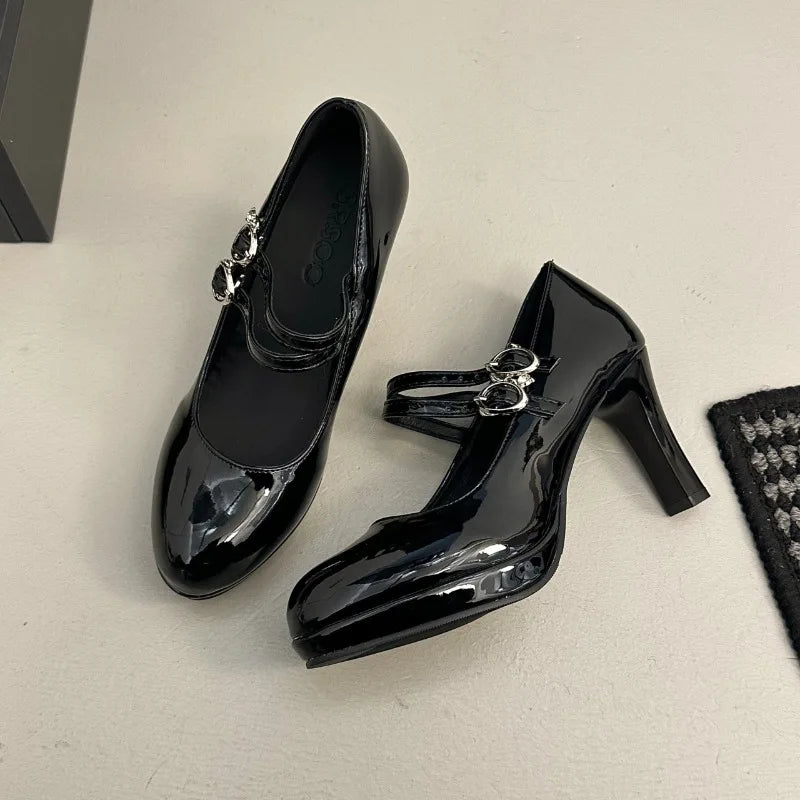 Designer Thick Heel Women Mary Jane Shoes Concise Shallow Belt Buckle Shoes Spring Ladies Outdoor Elegant Dress Dancing Pumps