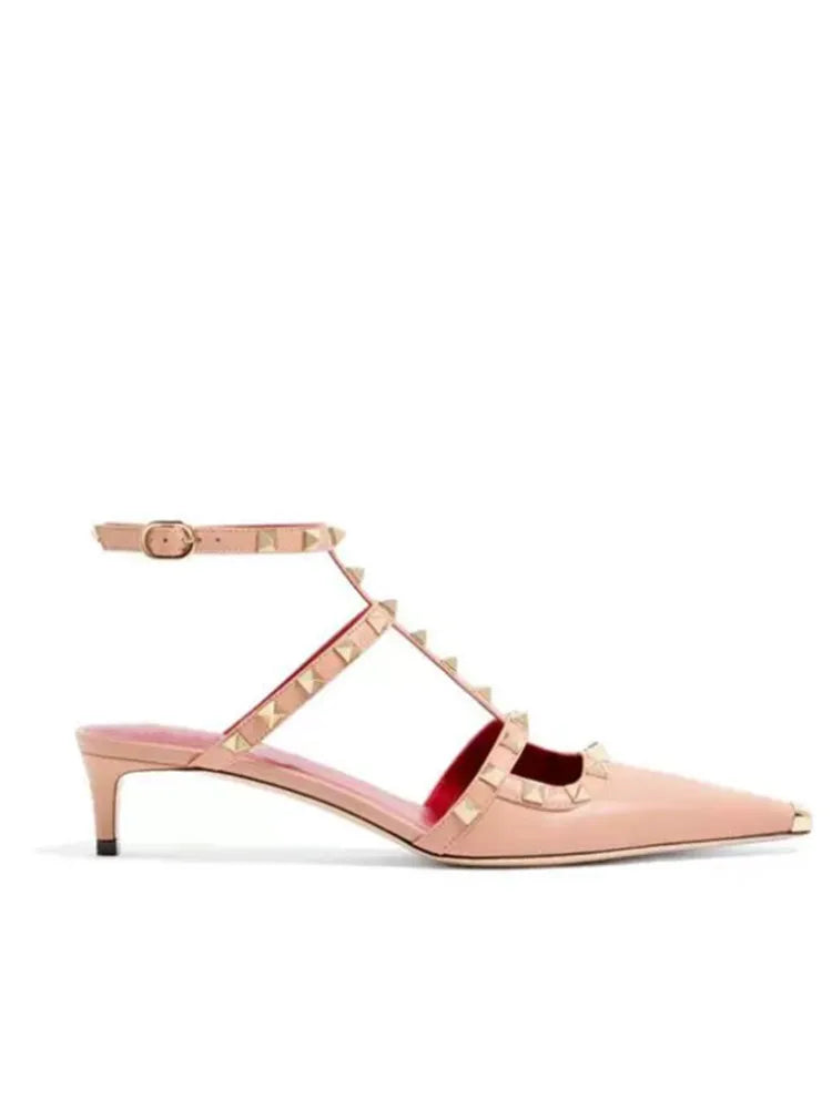 2026 Women's Rivet Low Heel Square Head Stiletto Sandals Fashion Show Party Summer Women's High Heel Sandals