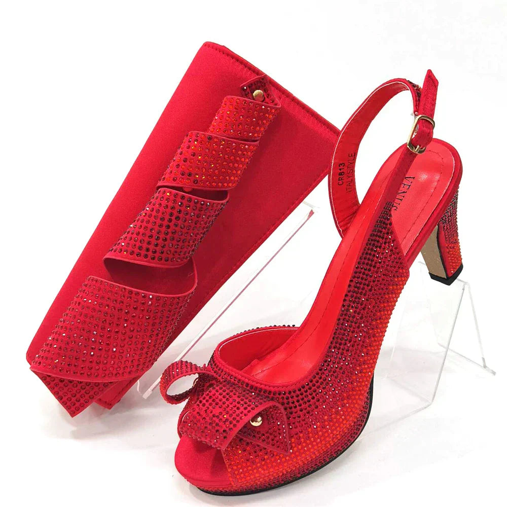 Newest INS Style Peach Color Rhinestone Elegant High Heels Nigeria Popular Design African Ladies Shoes And Bag Set