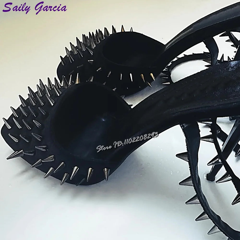 Sexy Suede Spikes Pumps Black Square Toe Shallow Rivet Cross-tied High Heels 2025 Summer New Elegant Party Fashion Women Shoes