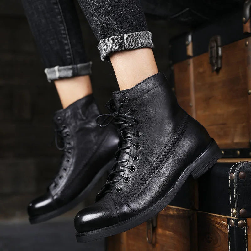 Luxury Men's Boots Handmade Retro Men Ankle Boots High Quality Leather High-top Shoes Fashion British Style Men Motorcycle Boots