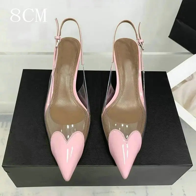 2026 New Pointy Peach Heart Fine Heel Shoes Sexy Pvc Transparent Film Black Patent Leather High Heel Overhead Sandals
