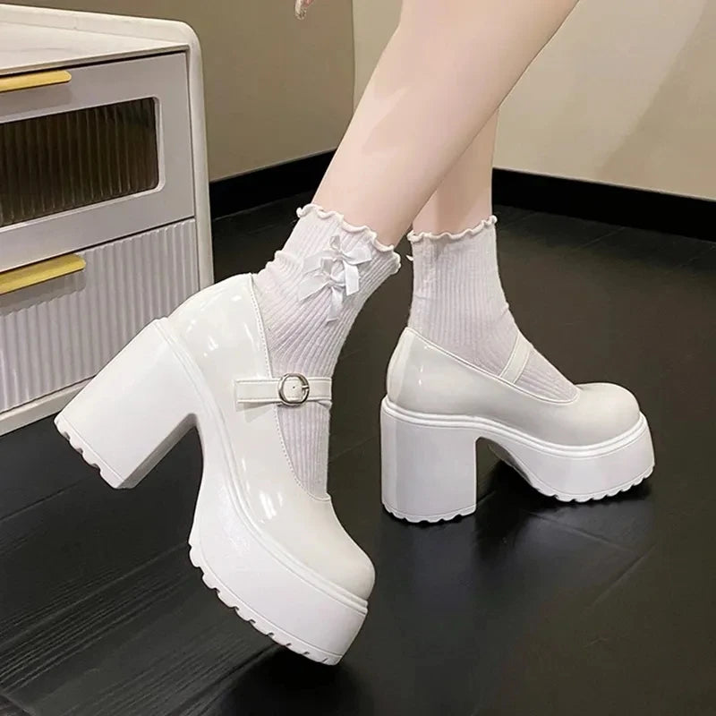 Black Super High Heels Mary Jane Shoes Women 2026 Goth Chunky Platform Pumps Woman Plus Size Ankle Buckle Party Lolita Shoes 42