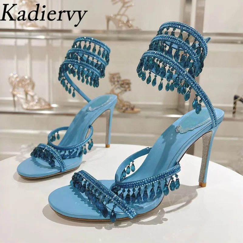 Sexy High Heels Gladiator Sandals Women Crystal String Bead Snake Twine Around Ankle Strap Wedding Shoes Summer Sandals Woman