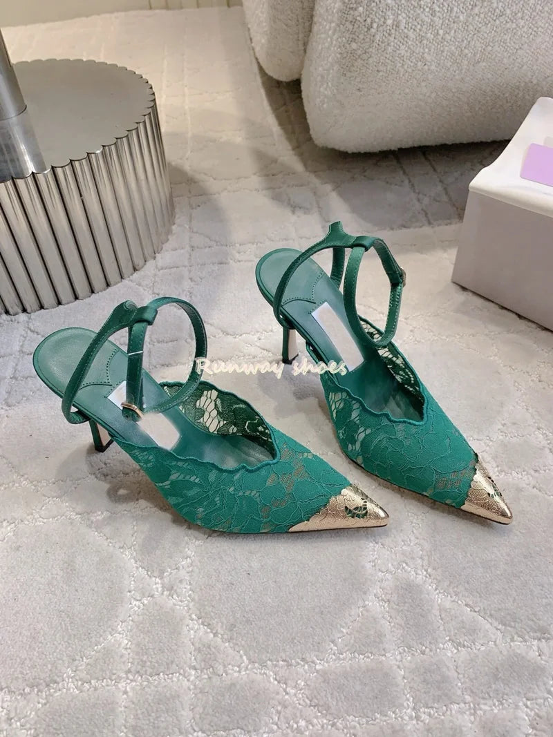 Pointed Color Blocking Lace is Breathable Women's Wedding Shoes Mesh One-strip Stilettos Luxury Women's Shoes Shallow Banquet Sh