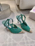 Pointed Color Blocking Lace is Breathable Women's Wedding Shoes Mesh One-strip Stilettos Luxury Women's Shoes Shallow Banquet Sh