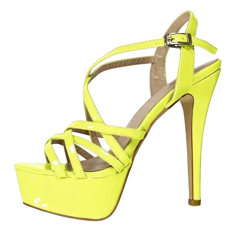 Women Sandals 14CM Super Sexy Platform High Heels Ankle Strap Sandals Open Toe Sanke Gladiator Party Dress Red Wedding Shoes