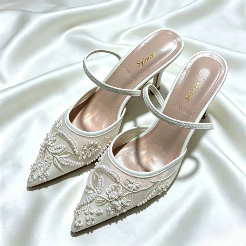 Elegant Mesh Embroidered Flowers Designer Heeled Sandals Women 2025 Summer Sexy Slingback Pointed Toe Thin High Heels Dress Shoe
