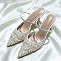 Elegant Mesh Embroidered Flowers Designer Heeled Sandals Women 2025 Summer Sexy Slingback Pointed Toe Thin High Heels Dress Shoe