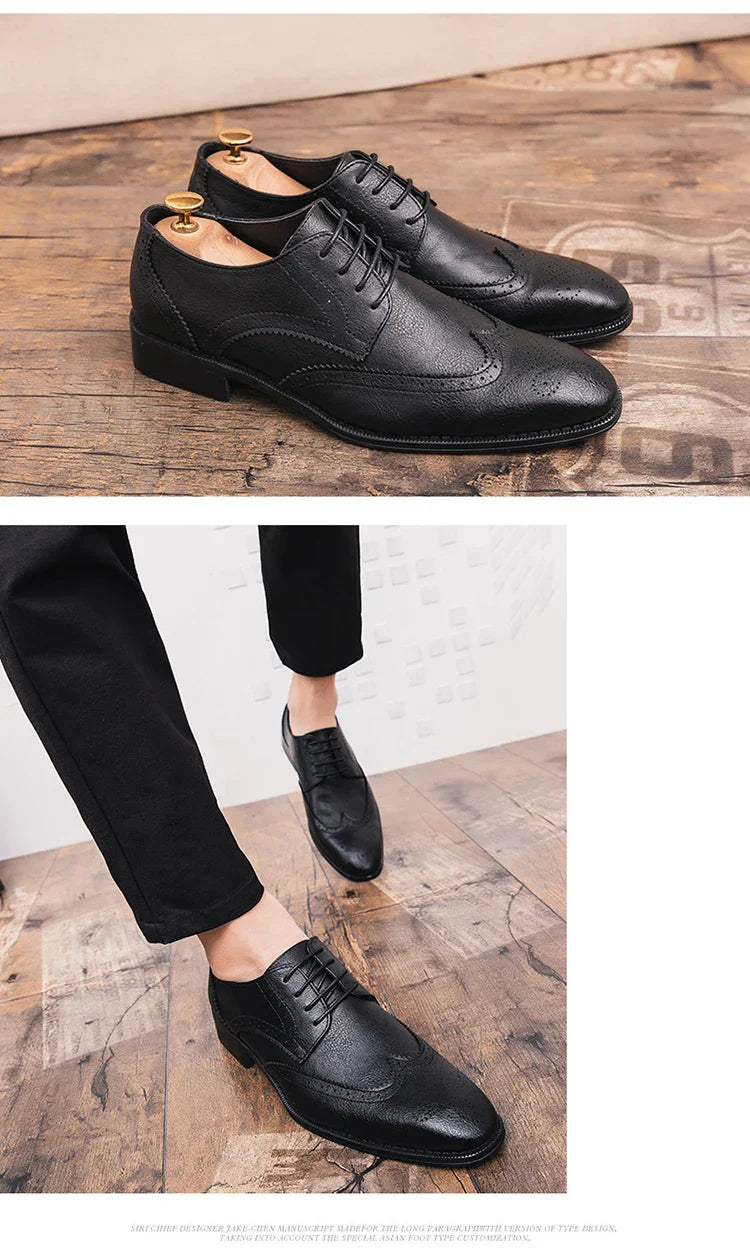 Lace-up casual leather shoes Men's wedding carved Brogues men's formal business pointed shoes Groom's leather shoes