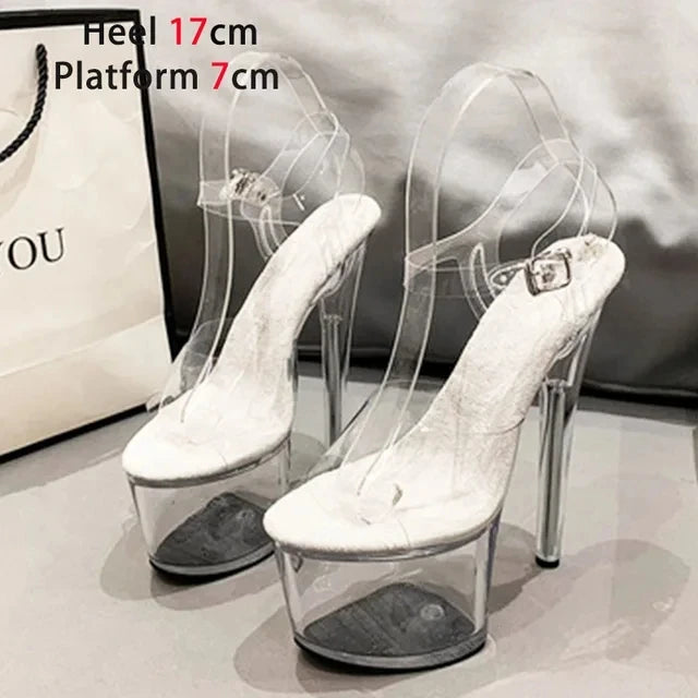 High-quality 17CM/7inches Women Sandals Stripper High Heel Shoes Transparent Platform Glitter Stiletto Pole Dance Shoes Wedding