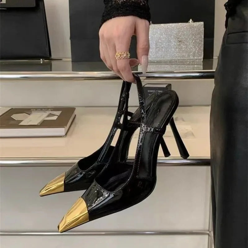 Metal Square Toe Stiletto High Heels Women's Autumn New Baotou Light Mouth Black Patent Leather Temperament Sandals