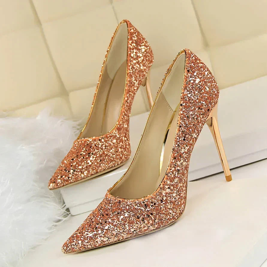 Women Luxury Bling Red  Blue Valentine Party Scarpins Pumps Lady Glitter Sequins 7cm 9.5cm High Heels Designer Shoes Plus Size