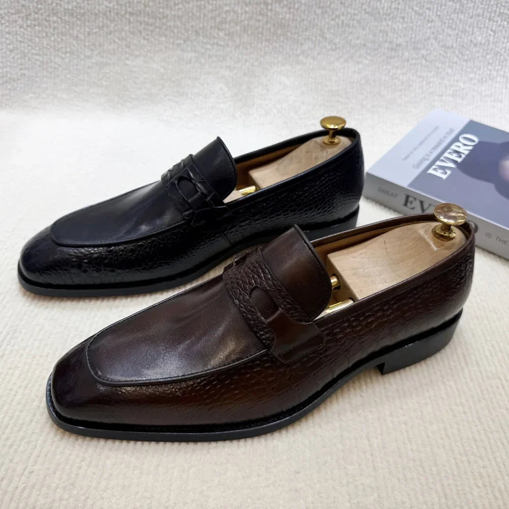 Luxury Men's Genuine Leather Dress Shoes Crocodile Print Wedding Loafers Double Buckle Business Office Formal Slip-On Shoes