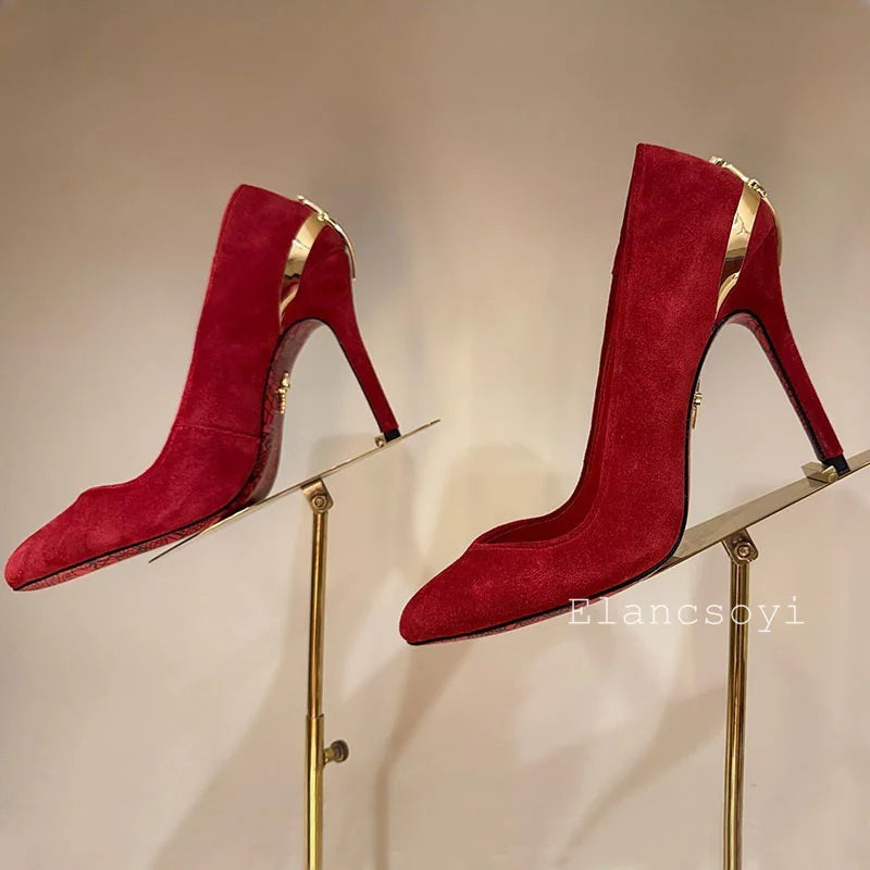 Women Pumps Real Leather Metal Sword Pointed Toe High Heel Shallow Mouth Thin Heel Single Shoes Spring Autumn Sexy Runway Shoes