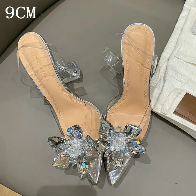 Silver Baotou Sandals Women 2026 New Summer Beautiful Pointy Wine Glass Celebrity Crystal Flower Transparent High Heels