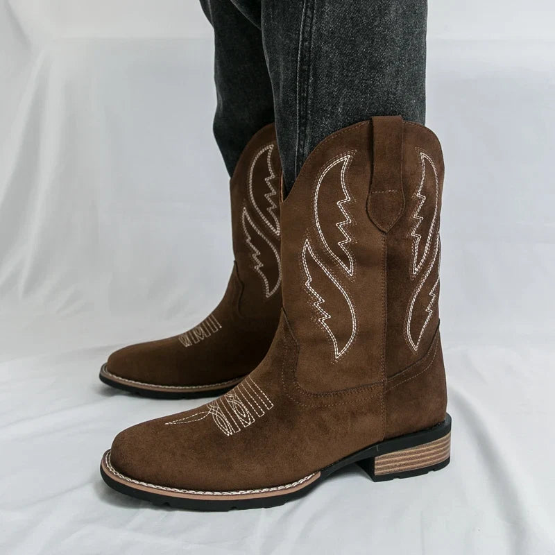 New Western Men's Cowboy Boots Vintage Mid-calf Motorcycle Boots Fashion Suede Leather Men's Boots Outdoor Casual Riding Boots
