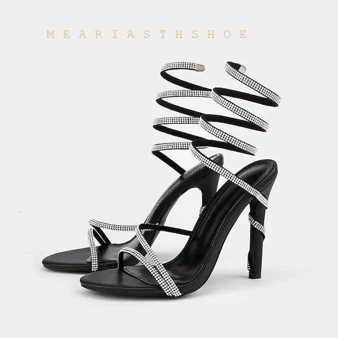 black Women's High Heels Gladiator Sandals Woman Fashion Tassel Crystal Shoes Women Sexy Banquet Party Stiletto Shoes for Women