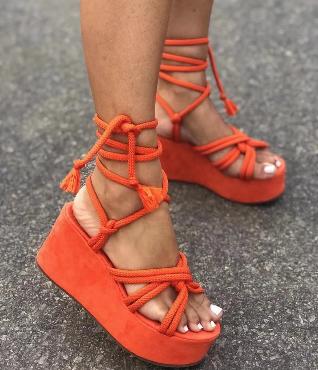 Platform Wedge Strappy Sandals Women Fashion Round Toe Cross Tied Height Increase Open Toe Women Sandals 2023