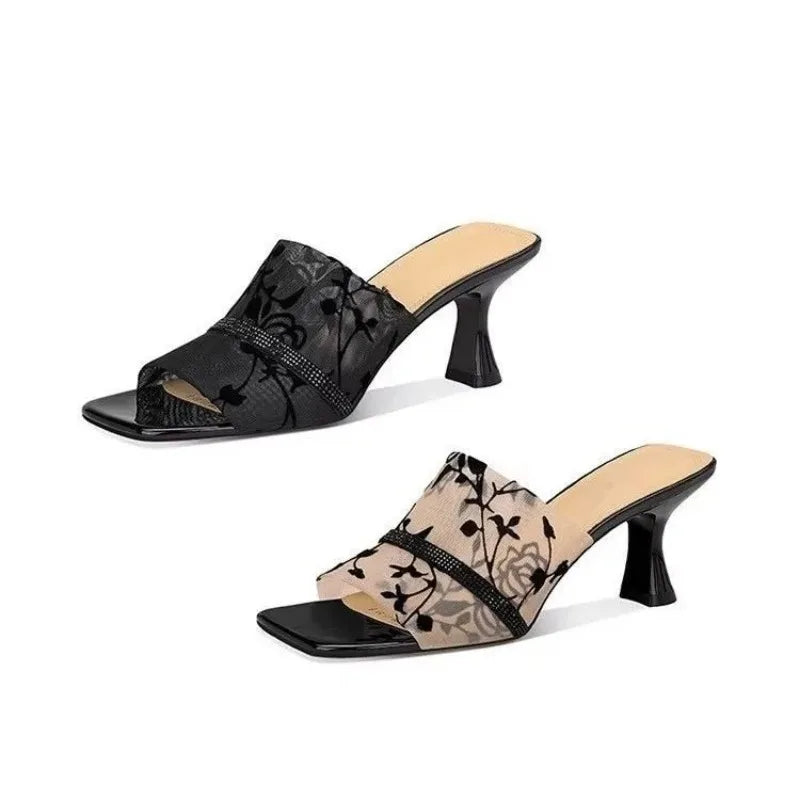 Design Sense: Niche Cool Slippers, Women's Slim Heels, Sexy and Charming Mesh, Chinese Style Floral High Heels, Exposed Toes