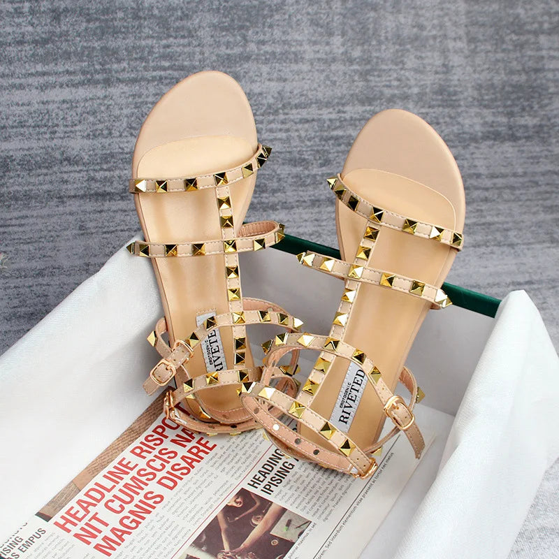 summer women's sandals ladies casual flat shoes simple style Fashion rivet design walking and shopping Large size 41-43