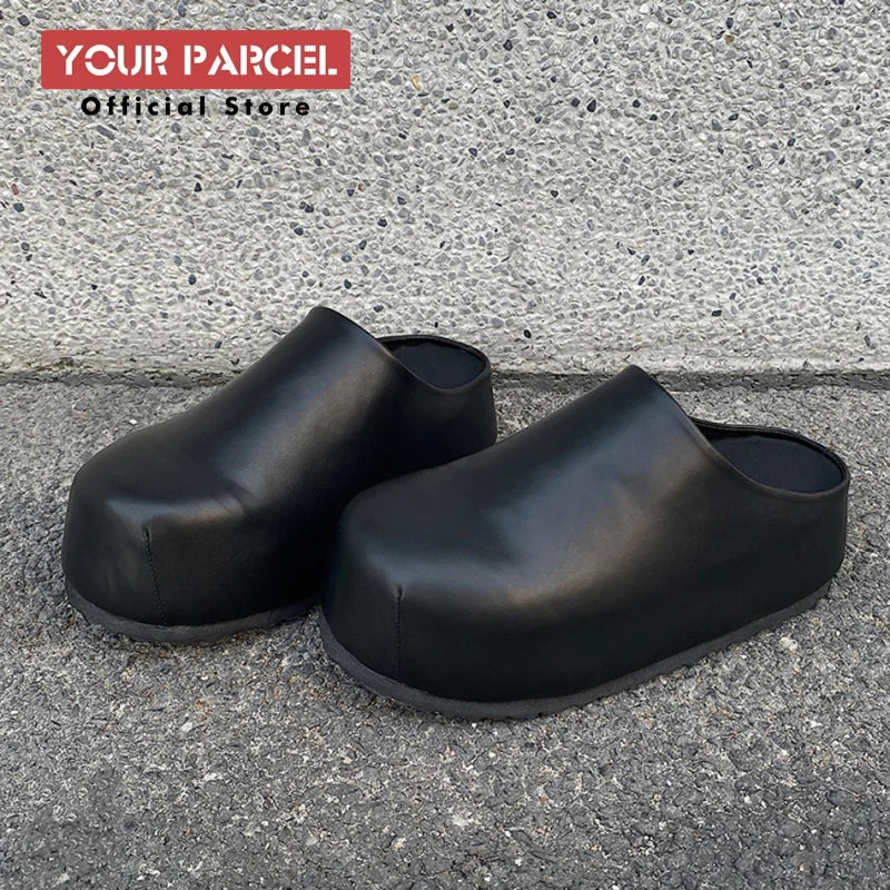 Black Boken leather shoes for men's thick soled design slippers summer new big toe mules shoes outdoor