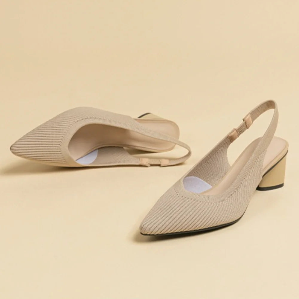 Sandals for Women Heels Knitted Rear Empty Strap Fashion Sandals Pointed Head Shallow Mouth Side Empty Daily Thick Heel Sandals
