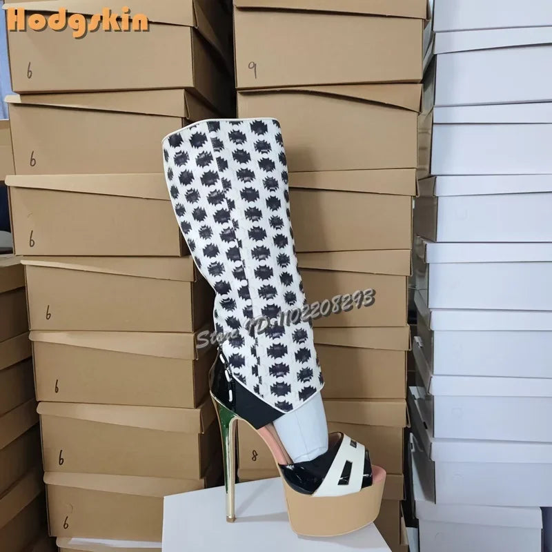 Sexy Polka Dots Knee-high Sandals Patchwork Leather Peep Toe Metal Heel Summer Boots 2026 Summer New Fashion Stiletto Women Shoe
