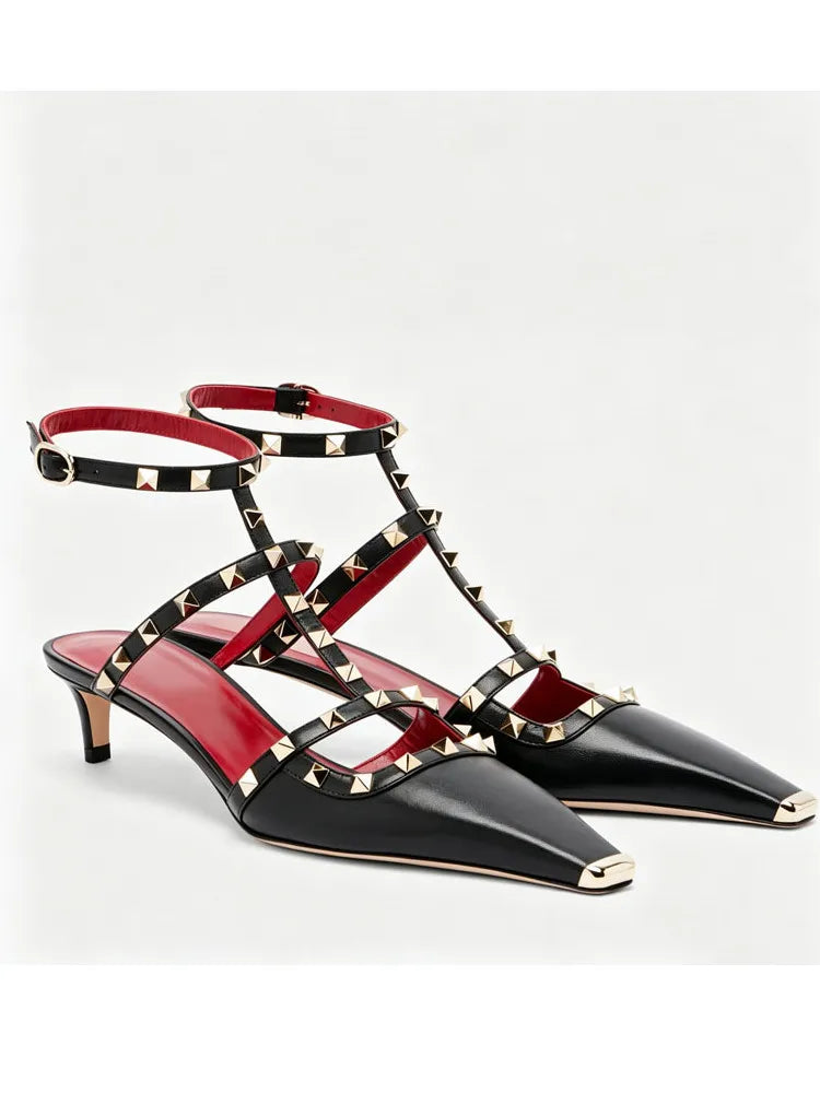 2026 Women's Rivet Low Heel Square Head Stiletto Sandals Fashion Show Party Summer Women's High Heel Sandals