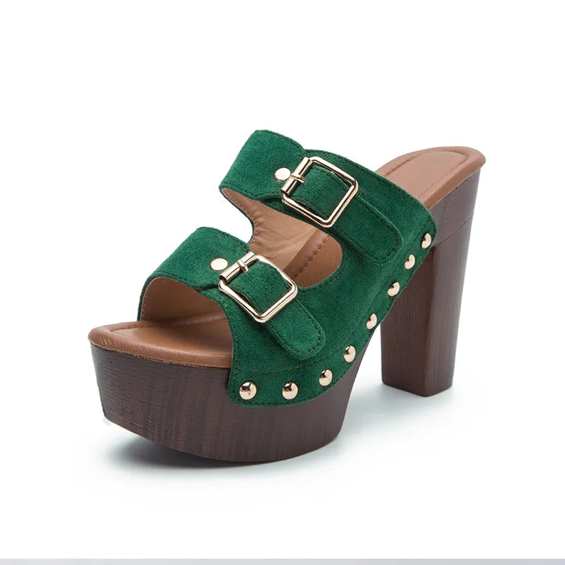 Super High Heels Women Platform Sandals Chunky Wooden Heeled Slippers Rivet Buckle Strap Shoes Ladies Summer Peep Toe Sandalias