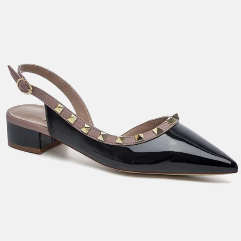 Women Real Leather Shiny Back Buckle Strap Fashionable Sandals European And American Style Trendy Shoes Closed Toe Gold Studs 42
