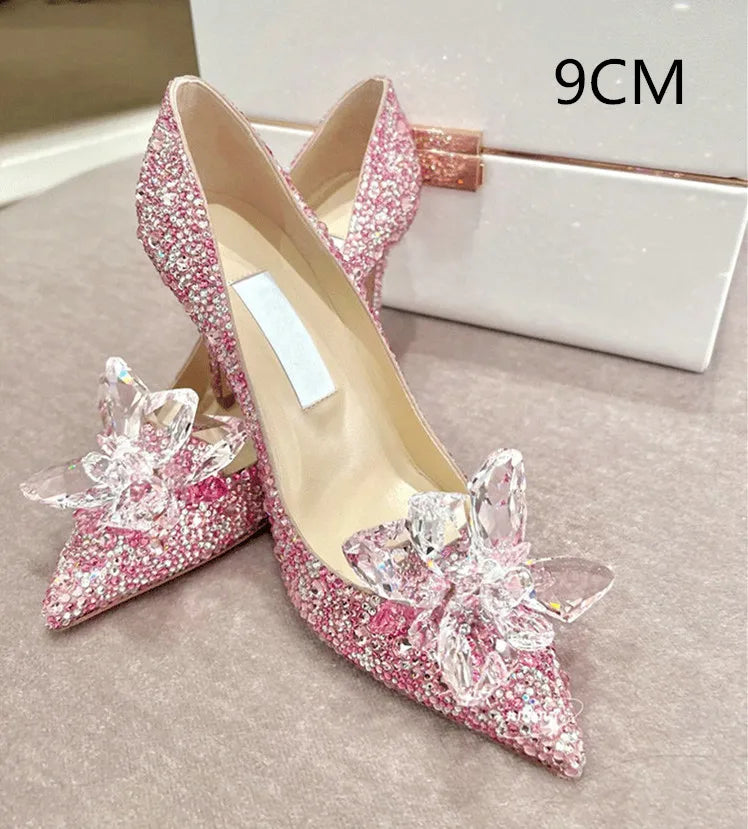 2026 Cinderella Crystal Wedding Shoes High Heels Autumn New Silver Full Diamond Bridal Shoes Rhinestone French Single Shoes