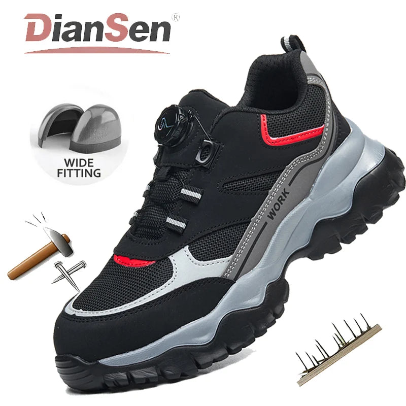 Mens Work Shoes Steel Toe Safety Boots Anti-smash Shoes Mens Black Lightweight Breathable Sneakers Rotary Button Shoes