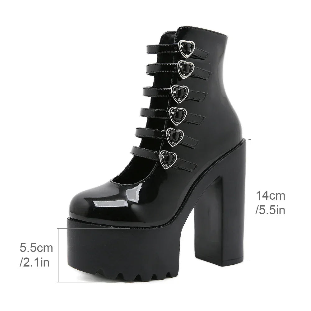Block Heels Pumps for Women Fashion Multi Buckle Strap Heart Design Dress Shoes Side Zipper High Heels Mary Jane Shoes