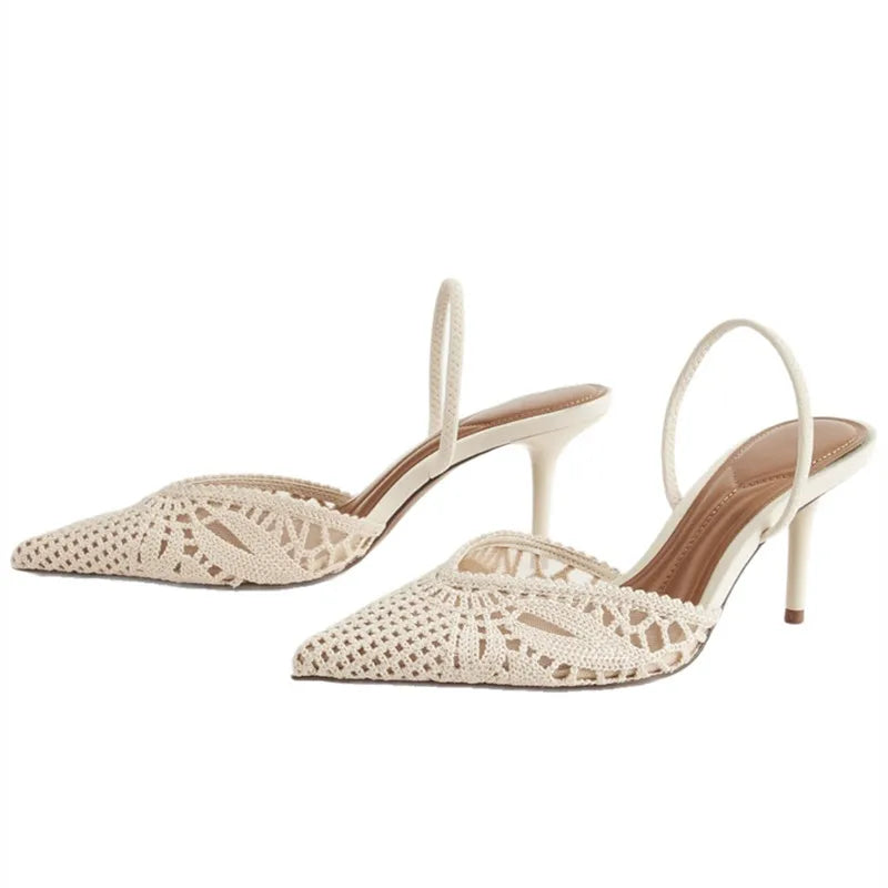 Woven Openwork Singback High-Heeled Sandals Women Sexy Pointed-Toe High Heels for Ladies Summer Comfortable Elegant Women Shoes