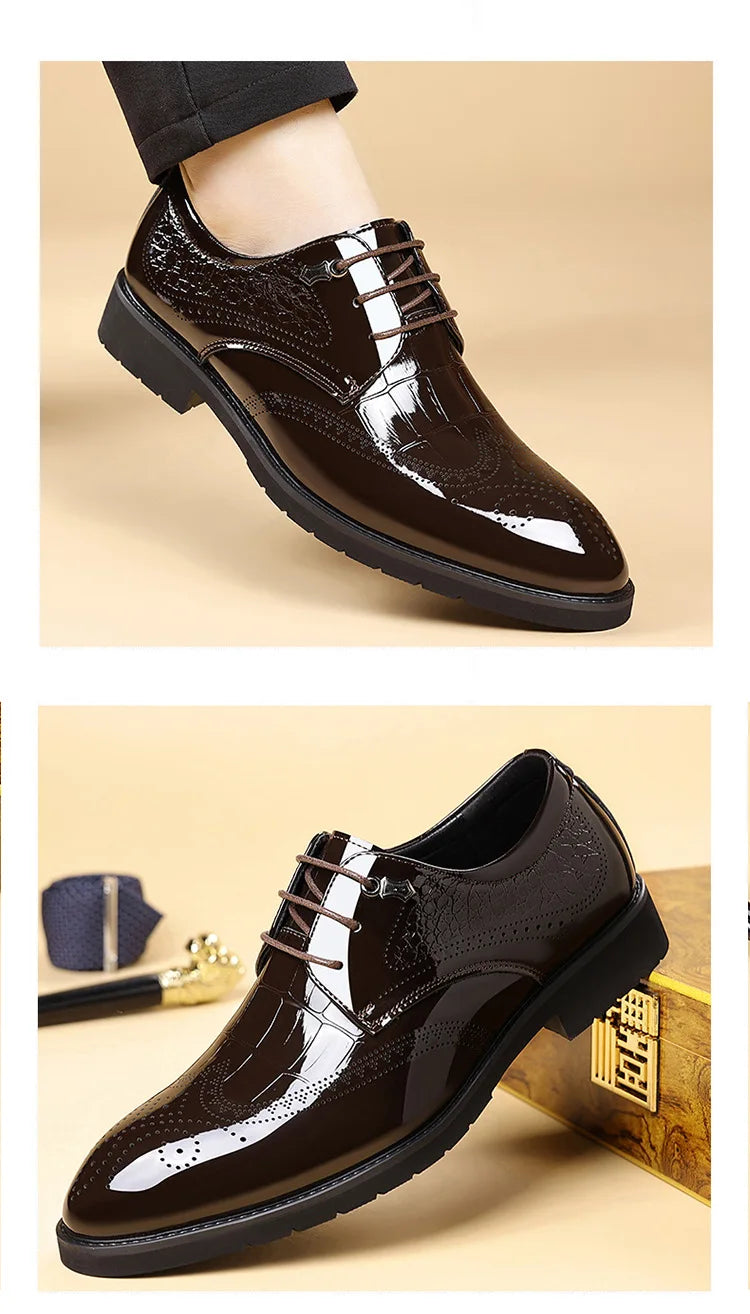 Lace Designer Fashion Business Casual Shoes for Men Spring Summer New Patent Leather Shoes Male Solid Color Wedding Shoe Man