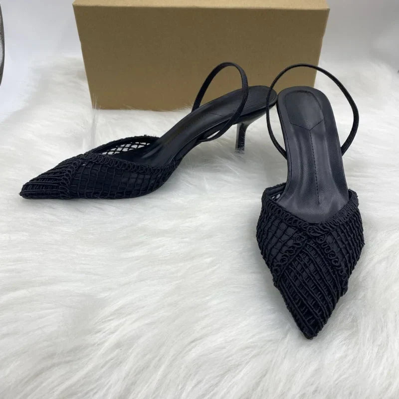 Mesh Woven Heeled Sandals Women Sexy Pointed Toe Back Strap Thin High Heels Comfortable Elegant Designer Shoes for Women Pumps