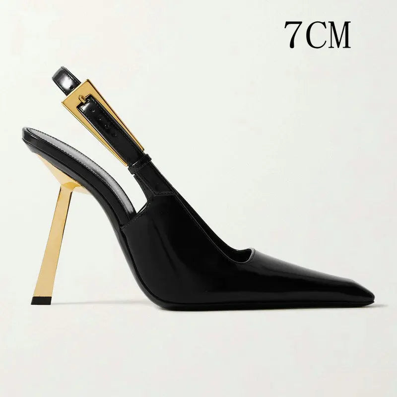 2026 New Summer French Pointed Patent Leather Fine Heel Overhead Sandals for Women Retro Skinny Heel Shoes