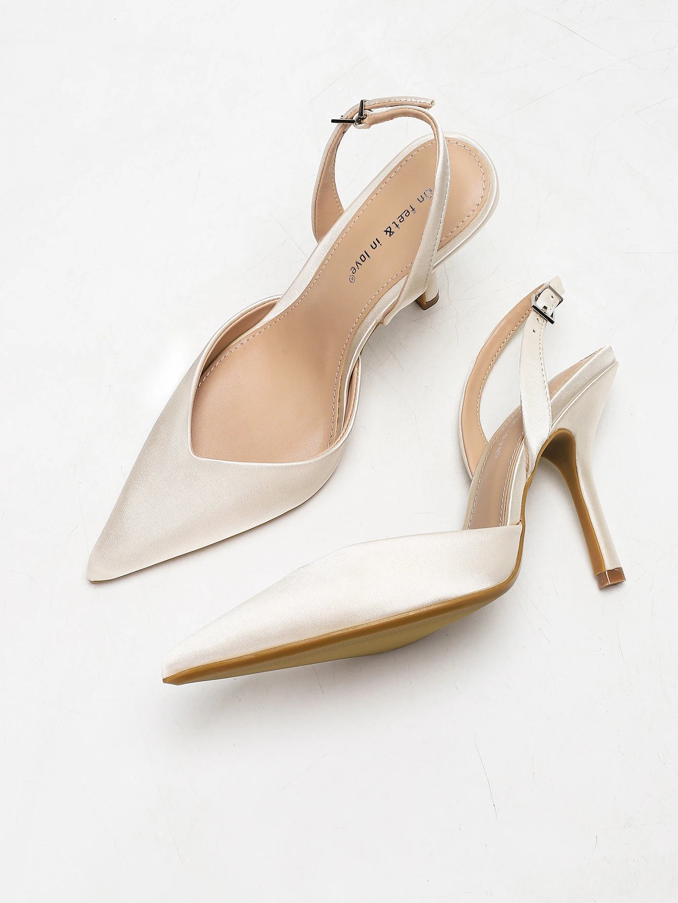 Women's Ivory Satin Pointed-Toe Slingback Heeled Sandals