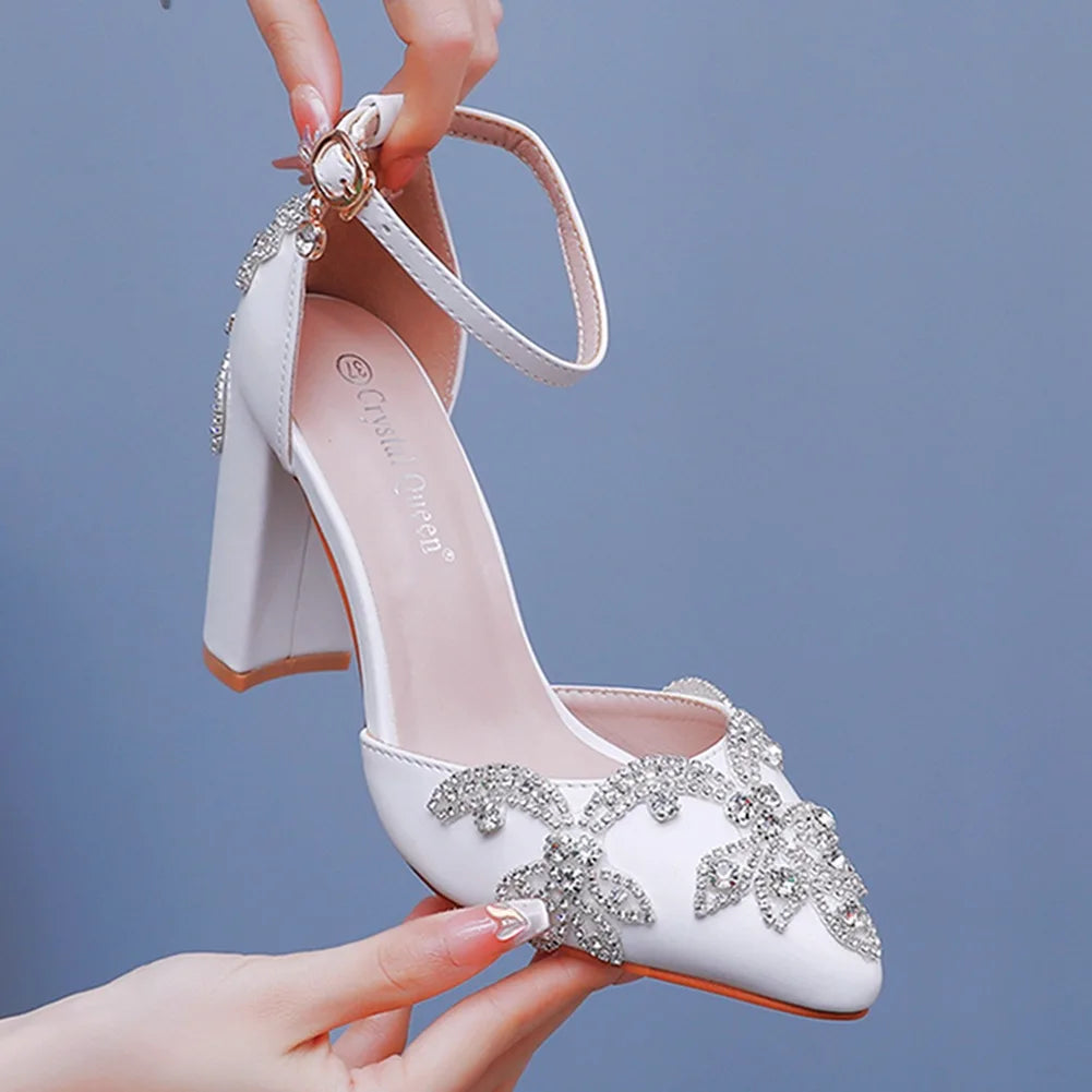 2026 Thick Heel Pointed Toe Shoes Large Size  Thick Heel Sandals Women Rhinestone Wedding Shoes Women White Wedding Shoes Drill