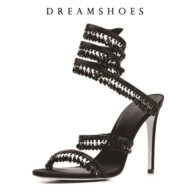 Women's New Shimmering Crystals Summer Shoes Tassel Crystal Shoes Sexy Banquet Party Twin Stiletto Women's Large Sandals