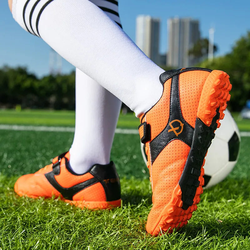 Professional Indoor Turf Soccer Shoes Kid New Design Green Children Football Sneakers Hook-loop Futsal Training Shoes Size 27-38