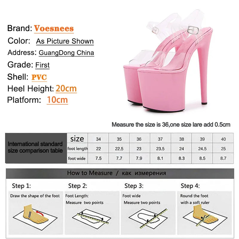 New Black Waterproof Platform Women's Pumps Summer 20CM High Heel PVC Walk Show Sandals Fashion Club Transparent Stripper Shoes