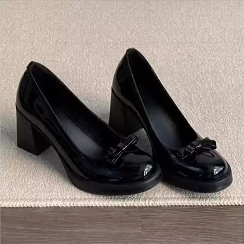 Vintage Bow Shallow Single Shoes Women Slip-On High Heels Block Heel Versatile Commuter Mary Jane Shoes